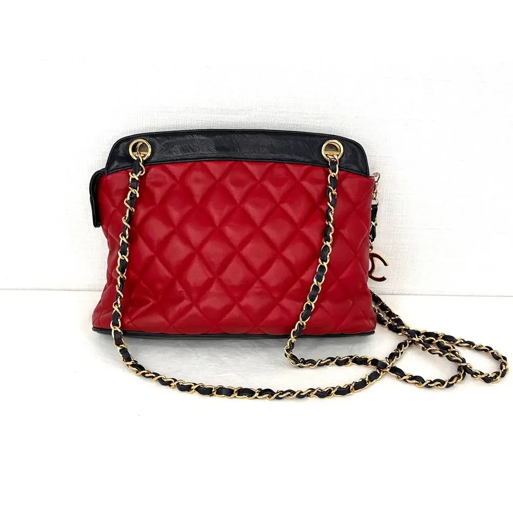 Vintage Chanel Bicolor Red Navy Quilted Lambskin Shoulder Bag Gold CC Charm